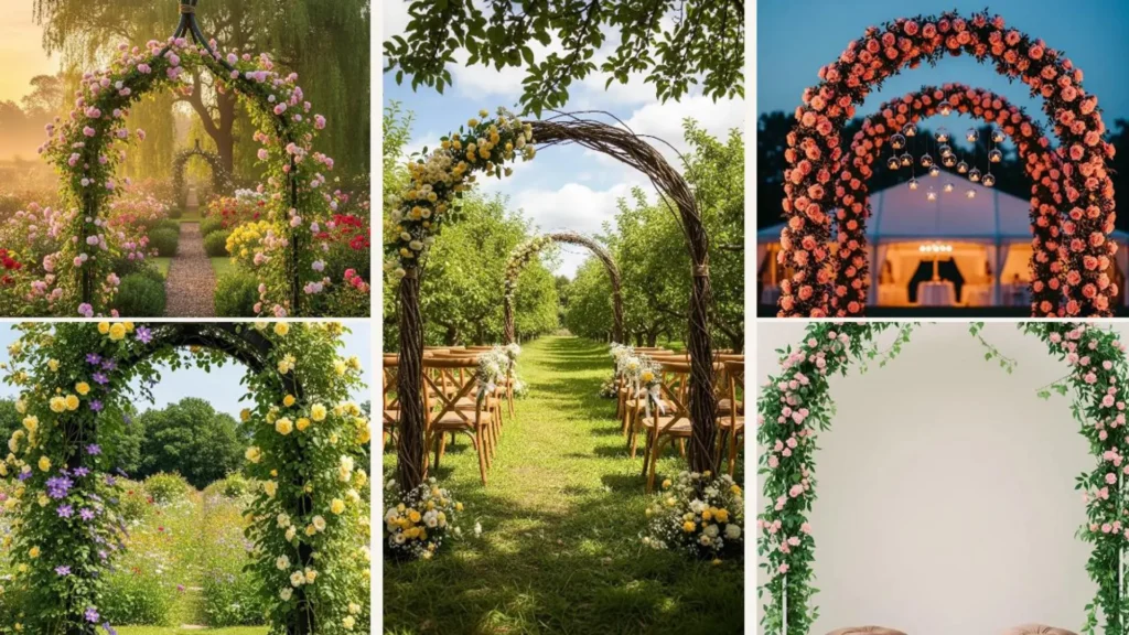 Elegante Rosenbögen mit romantischen Blumen in einem englischen Garten, perfekt für eine Hochzeit.