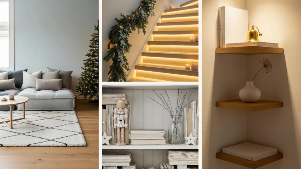 Minimalistische Scandi-Winterdeko mit einem eleganten Weihnachtsbaum, beleuchteter Treppe und stilvollen Wohnaccessoires.
