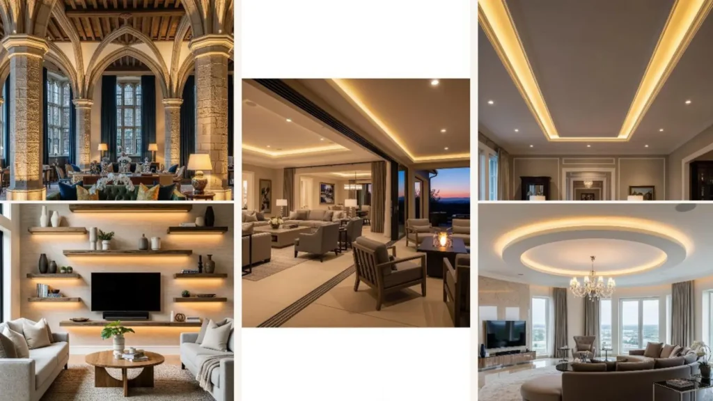 Elegante Wohnzimmer mit indirekter Beleuchtung für eine luxuriöse und gemütliche Abendstimmung.