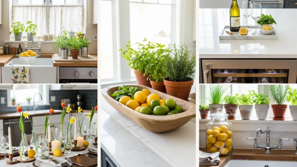 Frühlingsküche mit hellen Zitronen, frischen Kräutertöpfen & natürlichen Materialien für stilvolle Kuchen-Deko.