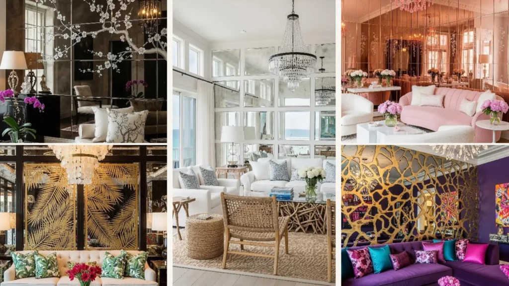 Fotocollage mit 5 Wohnräumen mit Spiegelwänden, Kristall-Deko und glamourösem Boutique-Hotel-Flair.