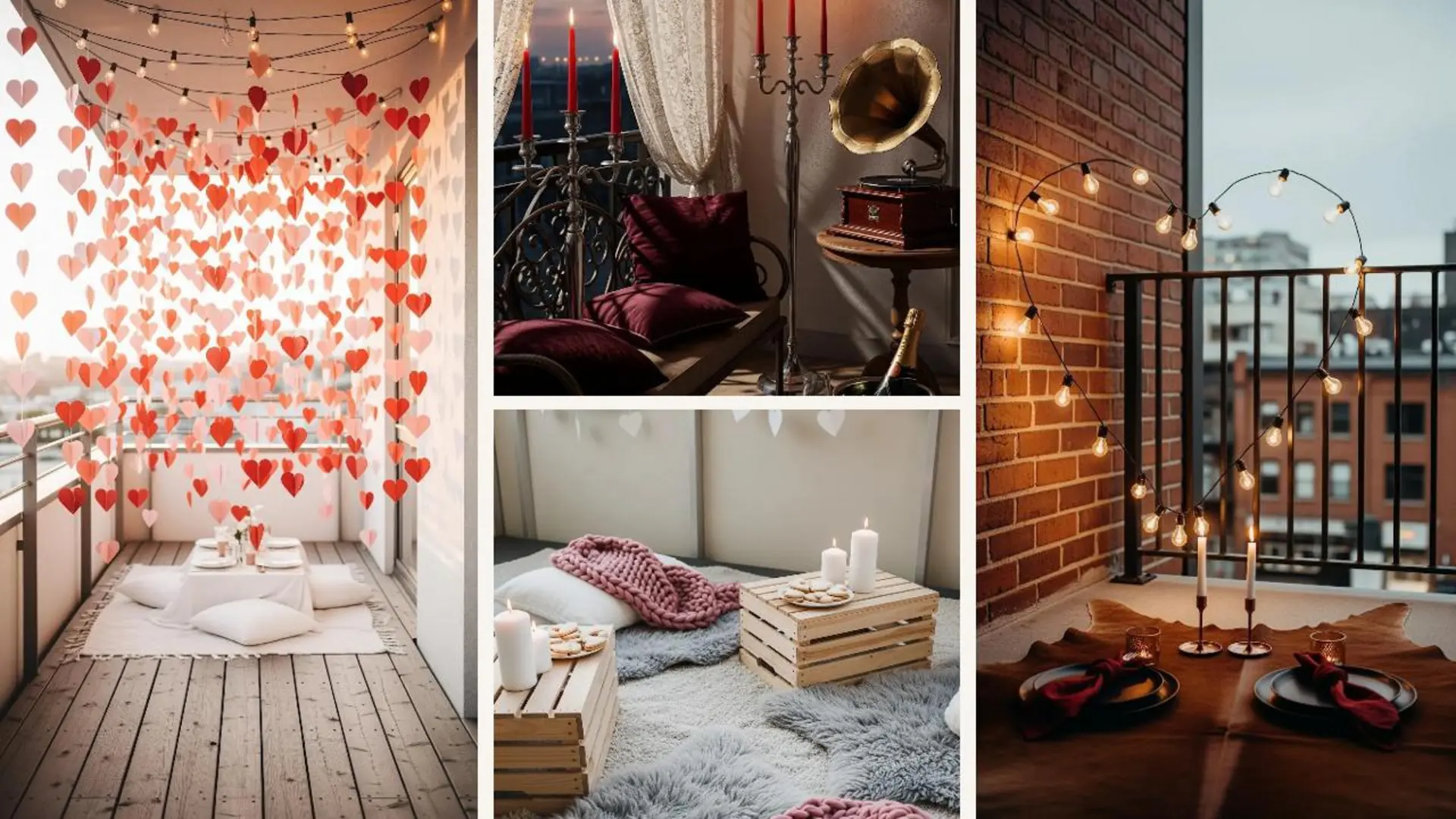 Romantische Balkondekoration für ein Valentins-Picknick bei Kerzenschein, mit Herzgirlanden und stimmungsvollen Lichtern.
