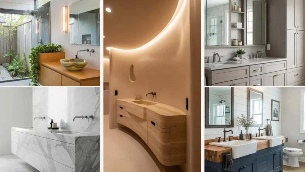 Eine Auswahl an High-End-Badezimmern mit stilvollen, maßgefertigten Waschtischmöbeln aus edlen Materialien.