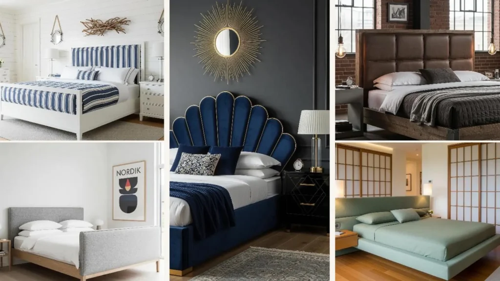 Collage von High-End-Schlafzimmern mit gepolsterten Designerbetten als Mittelpunkt.