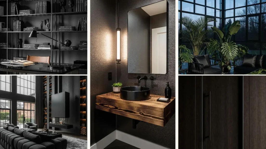 Wohnkonzepte mit mattschwarzen Metallakzenten: Collage von Wohnzimmer, Bad und Arbeitszimmer in dunklem Design.