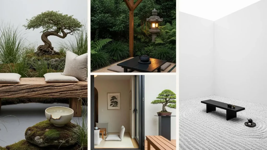 Japandi-Garten-Collage: Ruhige Teeecken mit Bonsai, Zen-Kies und natürlichen Strukturen aus Holz und Stein.