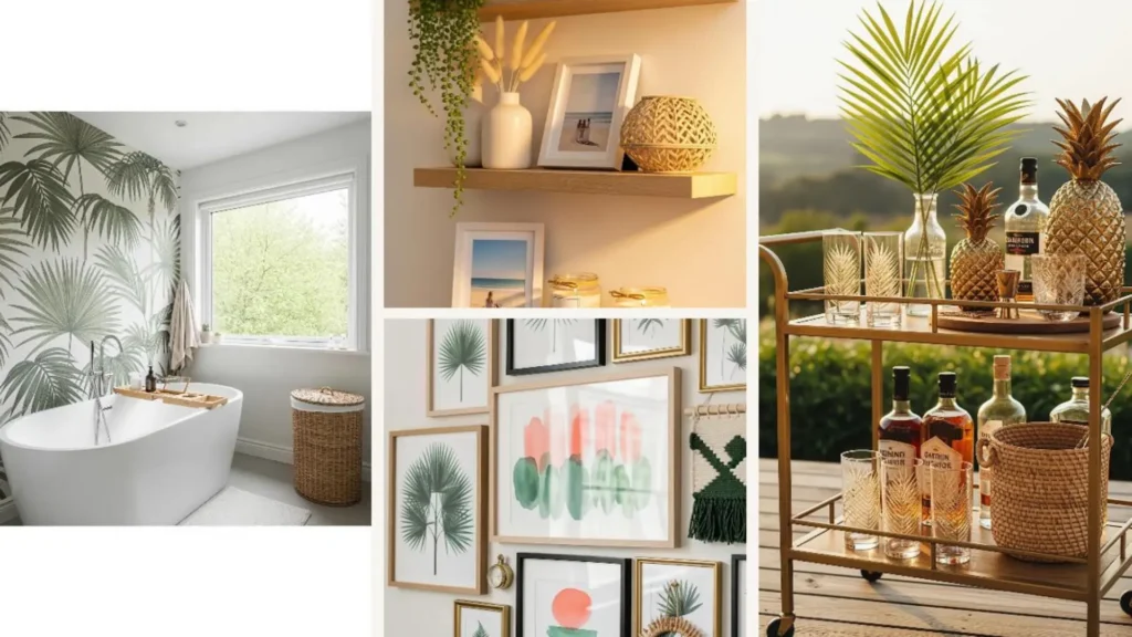 Entspannendes Zuhause mit Palm Prints, stilvollen Korbelementen und einem Barwagen im warmen Sommerglanz.