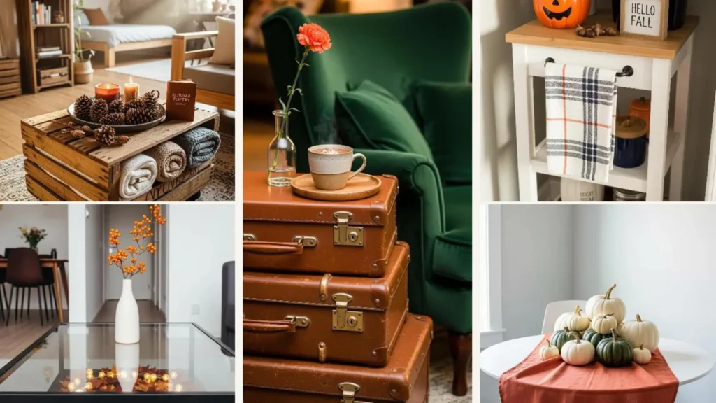 Collage aus cleveren kleinen Herbst-Tischideen für Wohnungen & Apartments, mit Platzspar-Möbeln und gemütlicher Deko.
