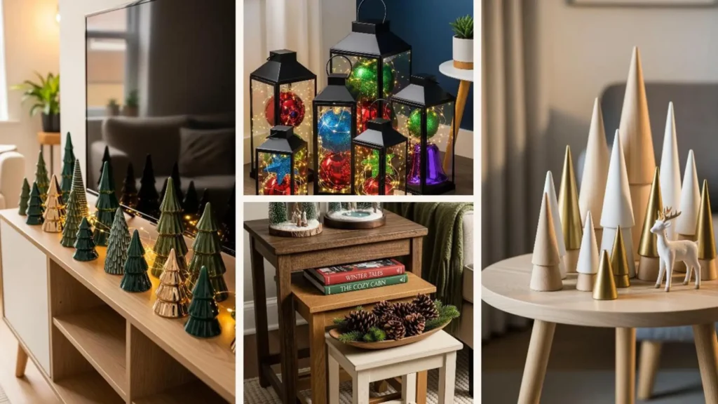 Kleine Weihnachtsdeko-Ideen für Wohnzimmer mit wenig Platz: Mini-Tannenbäume und festliche Laternen für eine gemütliche Stimmung.