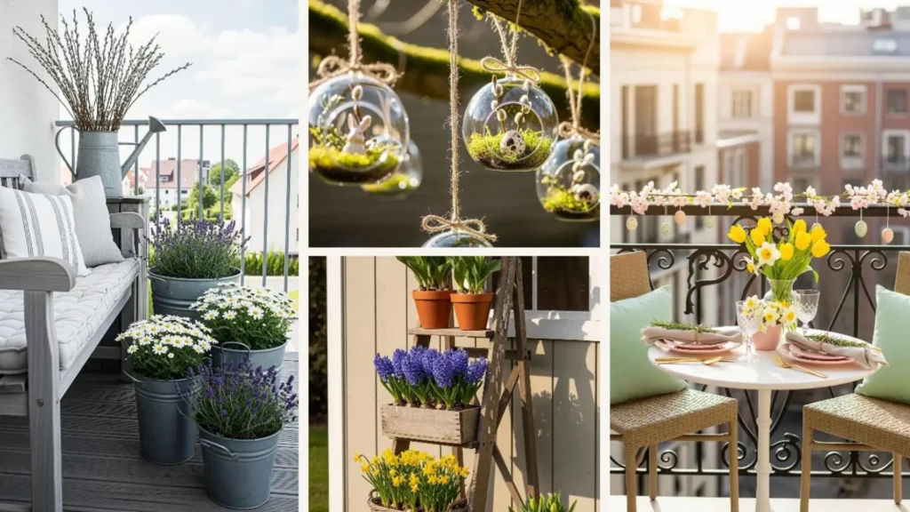 Frühlingshafter Balkon Garten mit Blumen, Osterdekorationen, wie Terrarien und Girlanden, und gemütlichen Sitzbereichen.