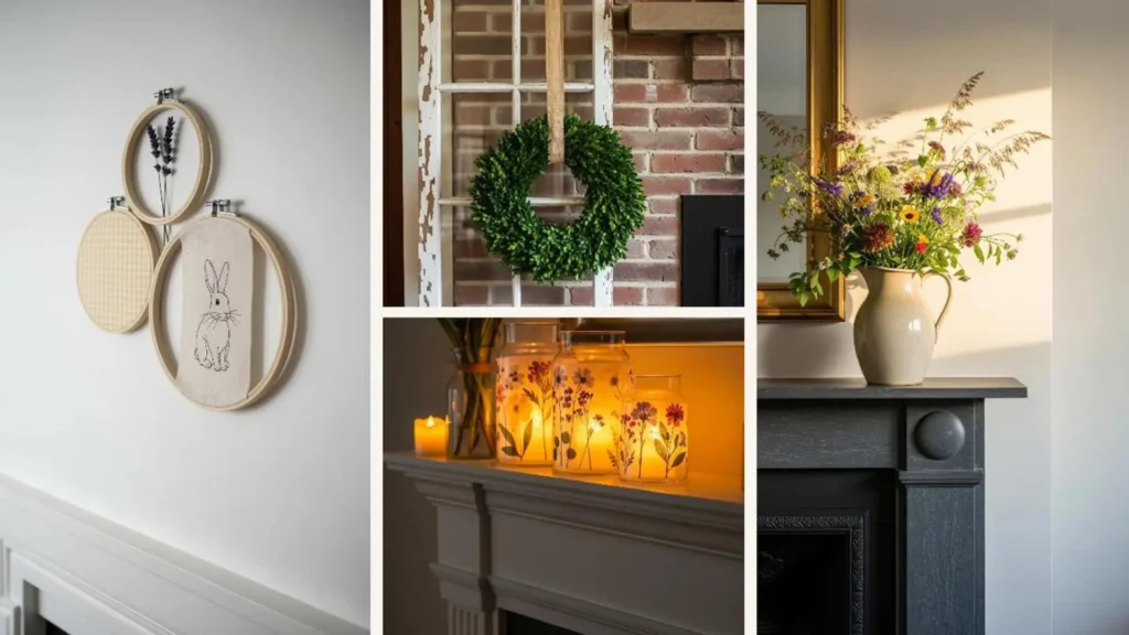 Collage mit vier DIY-Ideen für die Kaminumrandung-Deko zu Ostern und Frühling mit Blumen, Kranz und Hasen-Motiv.