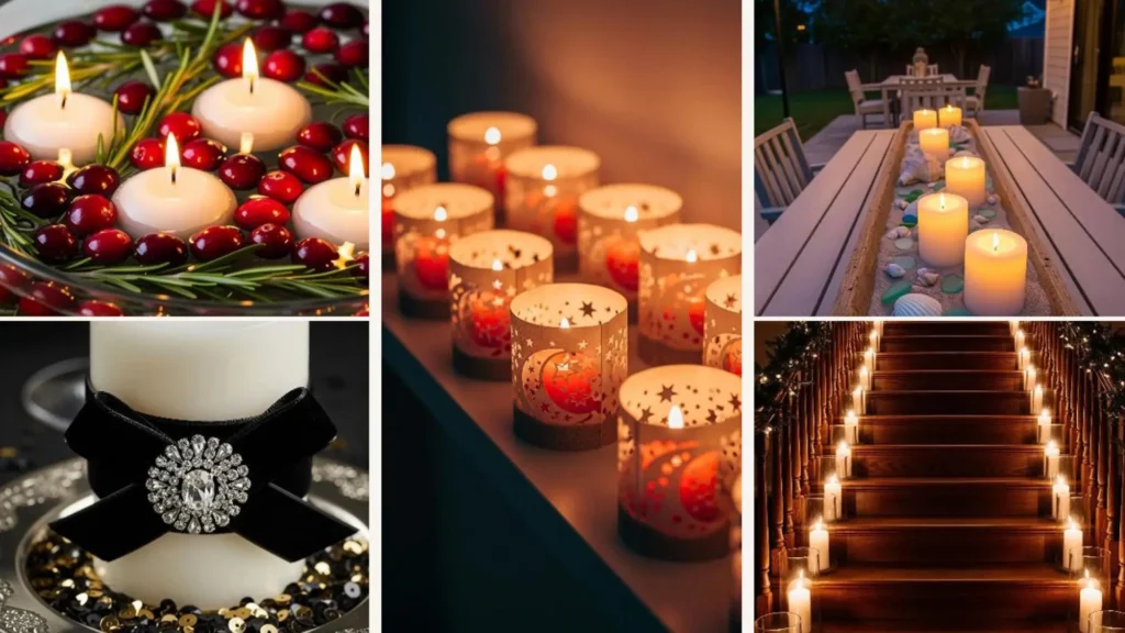 Verschiedene kreative DIY Kerzenarrangements für ein gemütliches Neujahrsfest, darunter schwimmende Kerzen und Teelichter.
