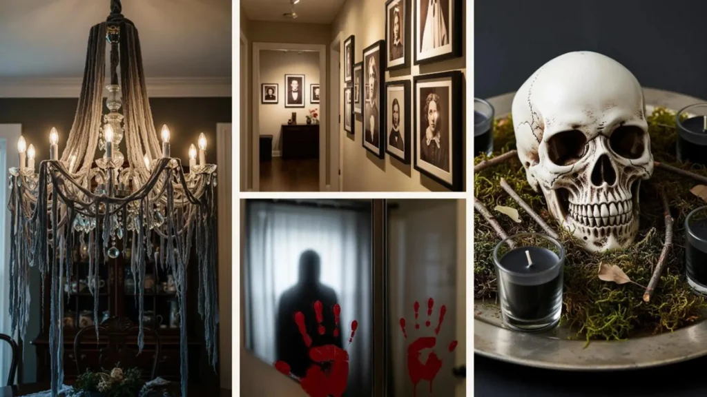 30 Last-Minute Halloween Deko Ideen: Gruselige Schädel mit Kerzen und gespenstischer Kronleuchter-Dekoration für eine Stunde.