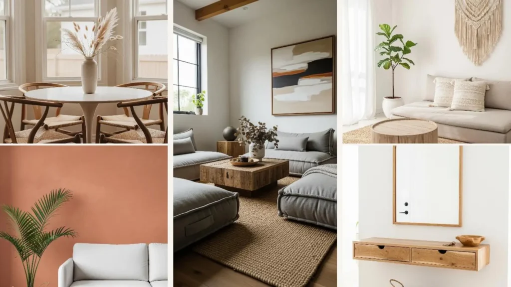 Collage mit minimalistischen Boho-Dekor-Ideen für ruhige, stressfreie Wohnungen mit Naturmaterialien.