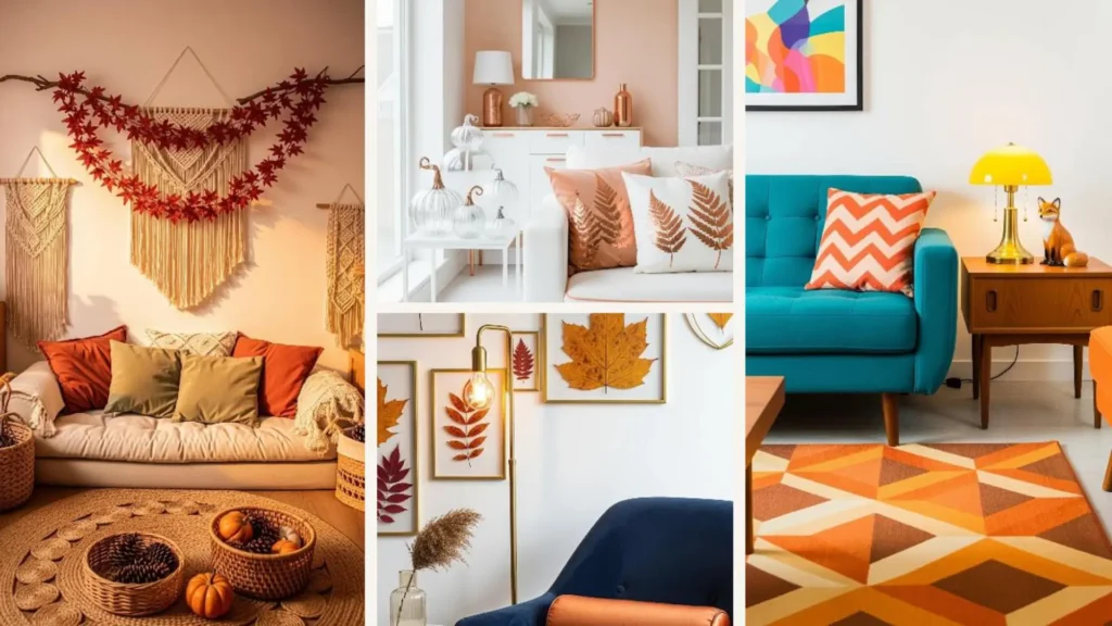 Moderne Herbst-Wohnzimmer-Styles für kleine Räume mit gemütlichen Sofas, Kissen, Kürbissen und herbstlicher Deko.