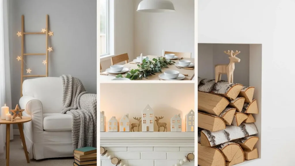 Nordische Weihnachtsdeko in Weiß und Holz: Kerzen, Rentiere und gemütliche Akzente für minimalistische Wohnräume.
