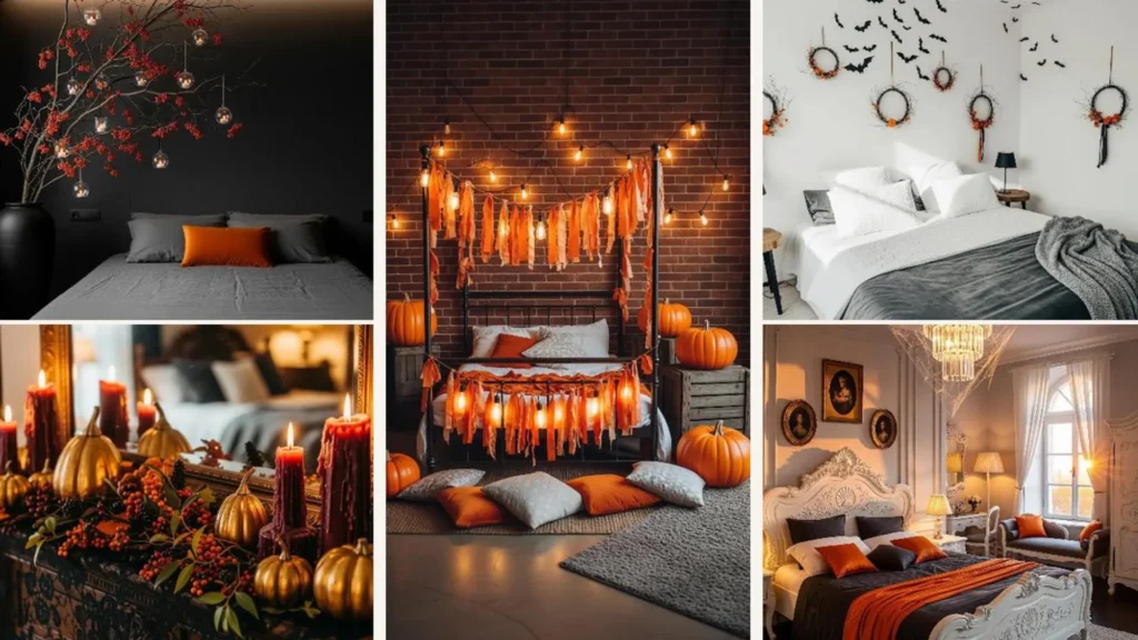 Romantisch-düsteres Schlafzimmer mit warmen Herbst-Halloween-Dekorationen, Kürbissen und Kerzen.