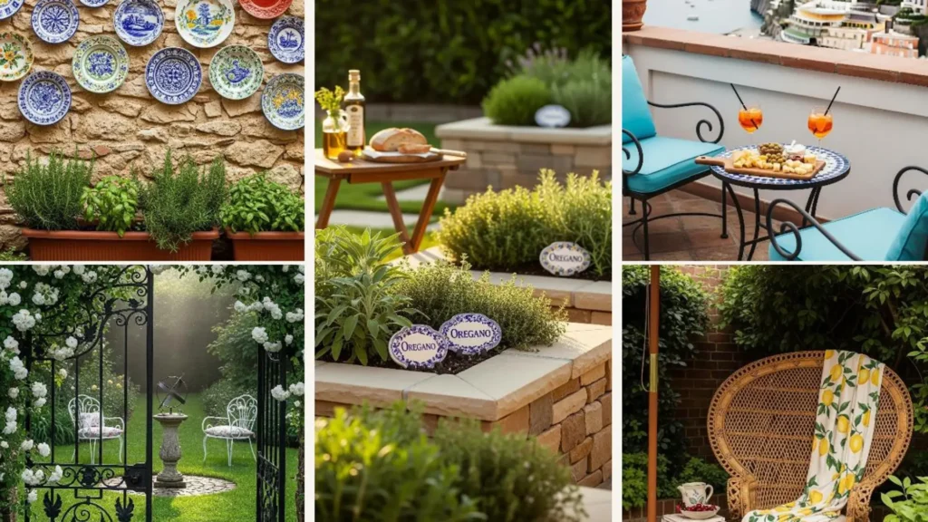 Romantische italienische Gartentischdeko im Amalfistil für Paare mit Meerblick.