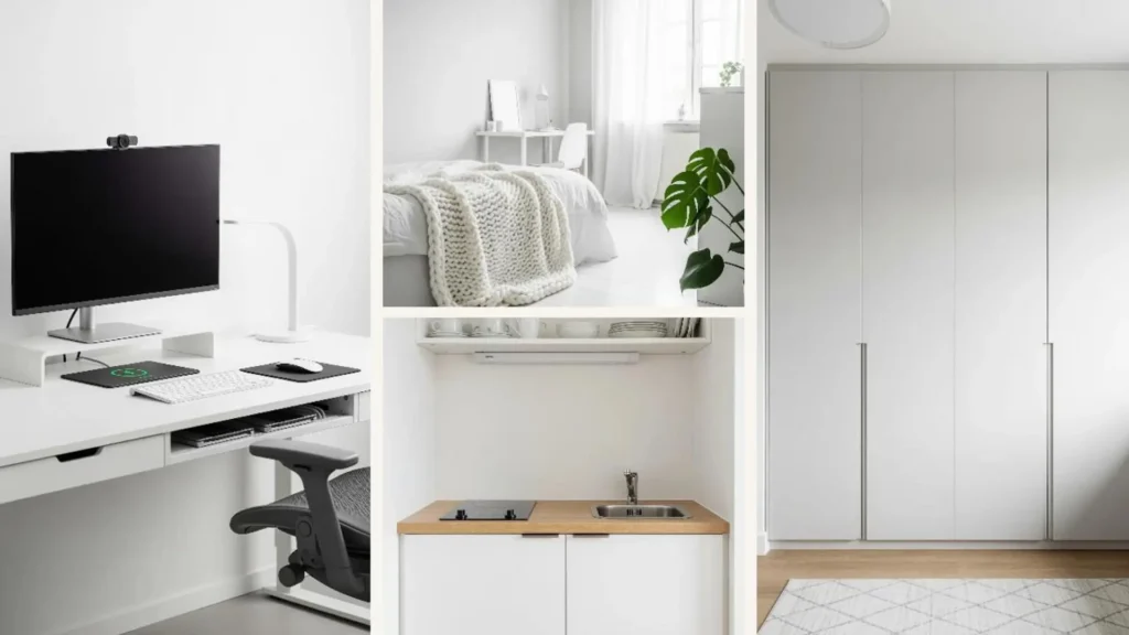 Helles, aufgeräumtes Studenten-Zimmer im minimalistischen Stil. Weniger Zeug, mehr Raum zum Leben.