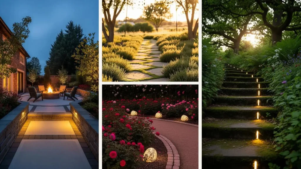 Traumhafte Wegebeleuchtungs-Ideen für einen englischen Garten im Abendlicht: stimmungsvolle Pfade und leuchtende Stufen.