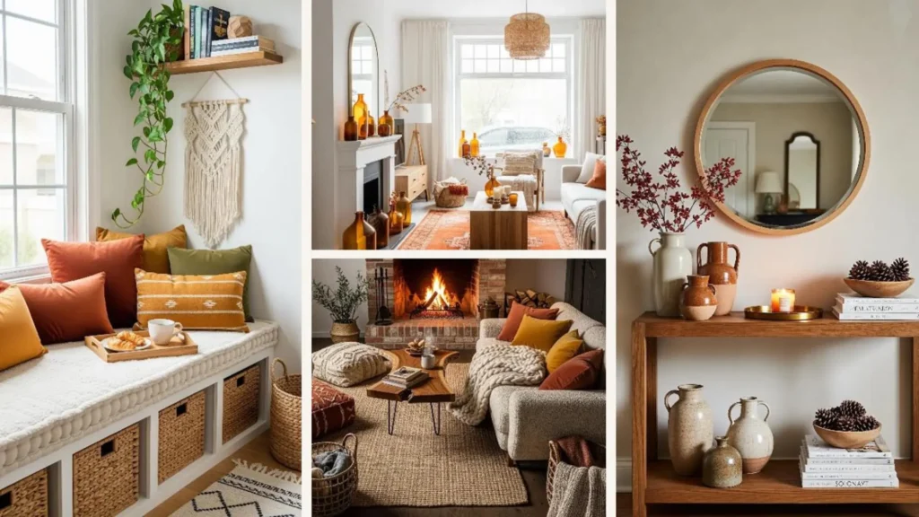 Eine Collage mit warmen Boho-Wohnideen für den Herbst: Kissen, Decken und Kerzen für Tee-Momente.