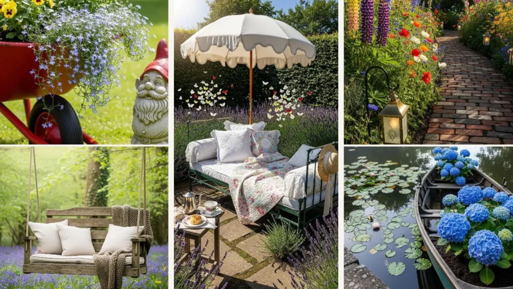 Ein charmanter englischer Cottage-Garten mit vielfältigen Vintage-Dekoideen: Gartenzwerg, blühende Pflanzen und gemütliche Schaukel.