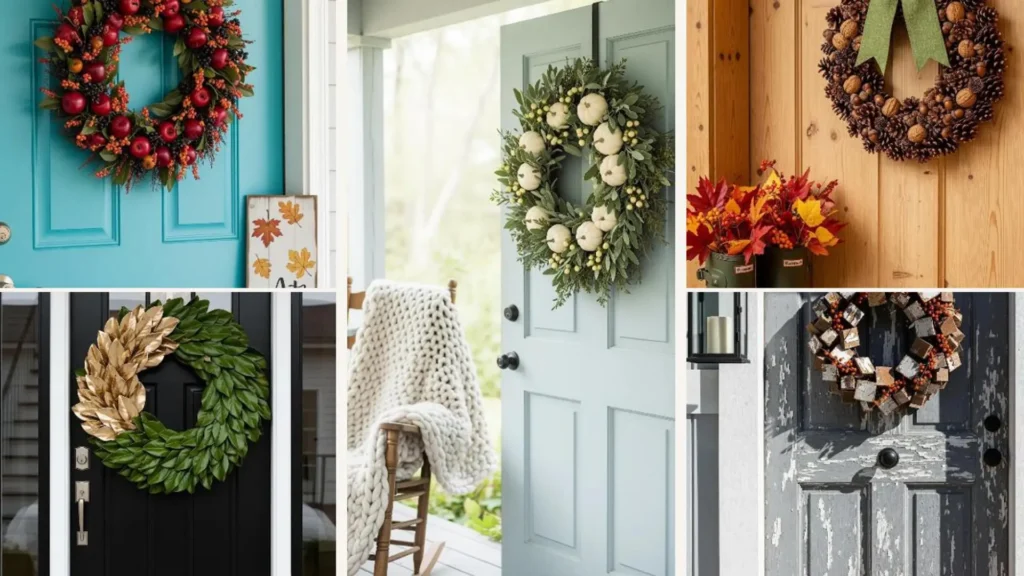 Verschiedene elegante Herbst Türkranz Ideen im Landhausstil mit Kürbissen, Äpfeln & Beeren für ein stilvolles Zuhause.