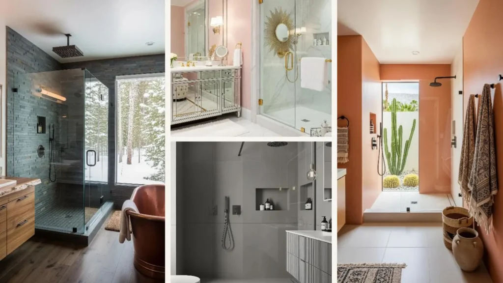 Collage exklusiver Badezimmer mit modernen Glasduschen und Regenduschen in verschiedenen Stilen.