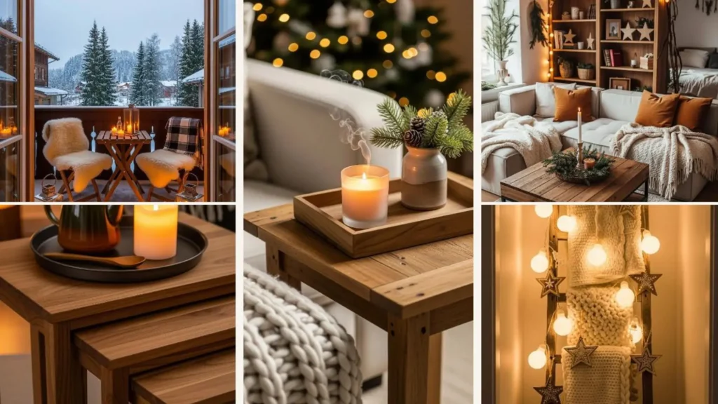 Gemütliche Winterdeko in einer kleinen Wohnung mit warmem Licht von Kerzen und Lichterketten, ergänzt durch rustikale Holzmöbel.