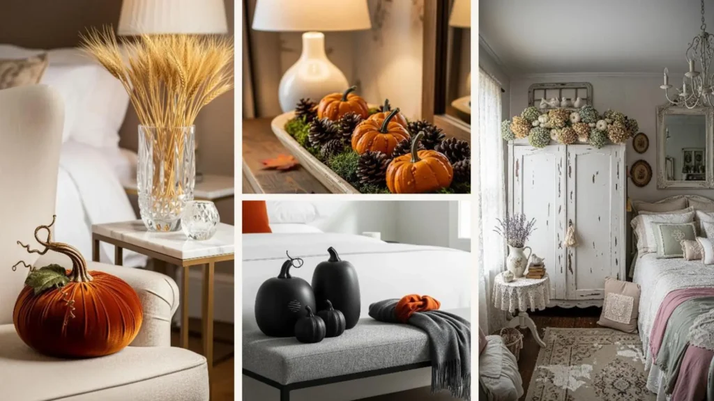 Gemütliche Schlafzimmer-Ecken mit verschiedenen Kürbis-Dekorationen und herbstlichen Akzenten für eine perfekte Herbststimmung.