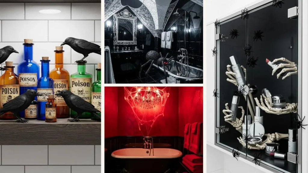 Halloween-Badezimmerdeko mit Flaschen, Spinnen und Skeletthänden für spooky Selfcare-Momente.