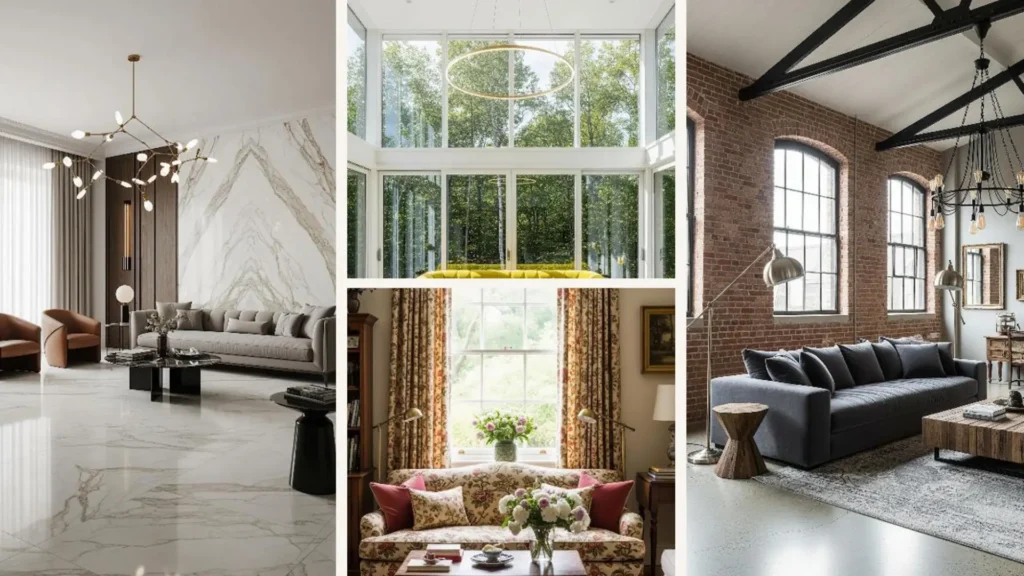 Edle Wohnzimmer-Inspiration: Collage mit Samtsofas und modernen Designerleuchten.