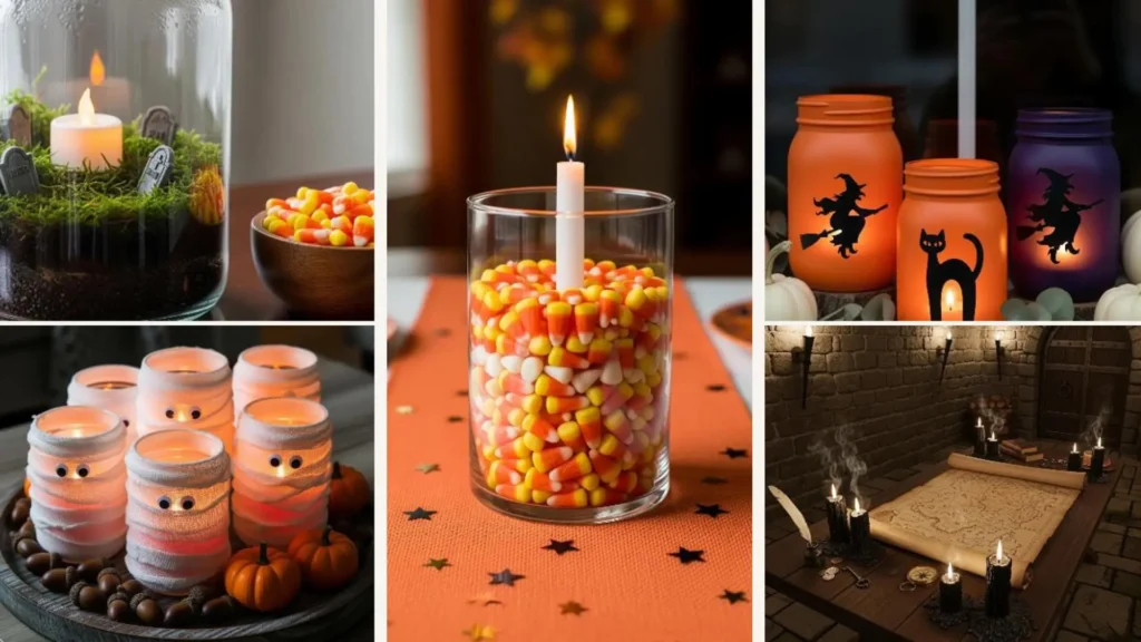 Kreative DIY Halloween Dekoideen mit Kerzen: leuchtende Gläser, Mumien und thematische Arrangements für warme Herbstabende.