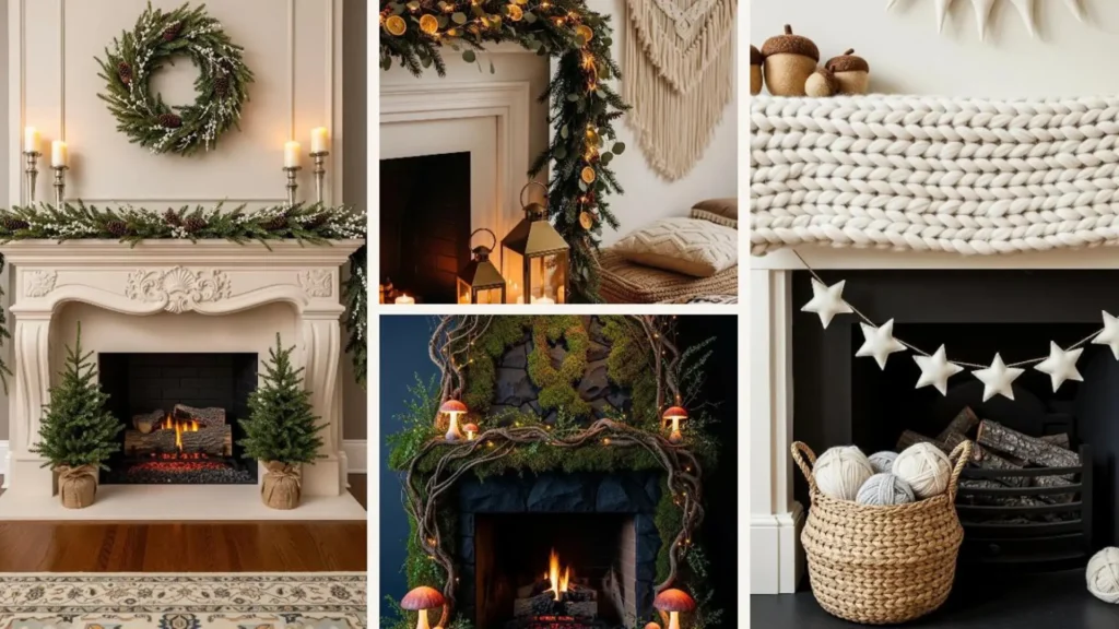 Magische Winter Kamin Deko mit Schneelook-Girlanden, warmen Lichtern und natürlicher Dekoration für gemütliche Abende.