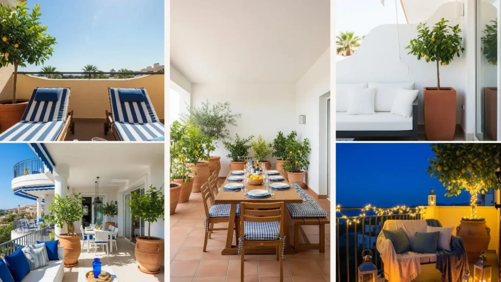 Mediterrane Balkon-Idee mit Zitronenbäumen in Terrakotta-Töpfen und blau-weißen Akzenten für Urlaubsfeeling.