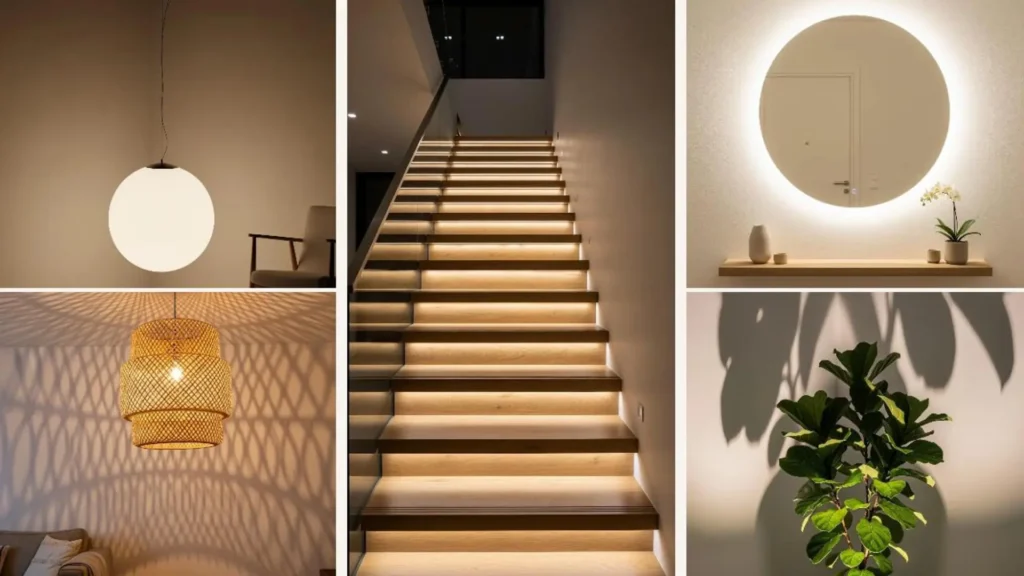 Minimalistische Licht-Ideen für eine entspannte Stimmung: Collage mit warmer, indirekter Beleuchtung für zu Hause.