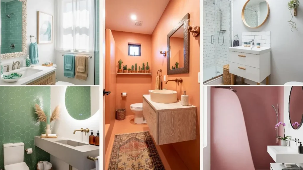 Collage mit fünf modernen Boho-Badezimmer-Ideen für ein entspanntes Spa-Feeling in kleinen Räumen.