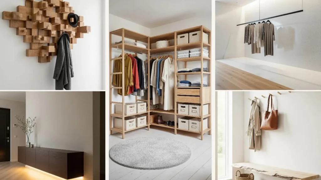 Praktische Garderoben-Hacks im Minimalismus: Ein aufgeräumter Flur und Kleiderschrank gegen Morgen-Stress.