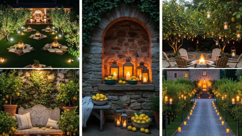 Romantischer italienischer Garten bei Nacht mit Zitronenbäumen, Laternen und Kerzenlicht für gemütliche Sommernächte.