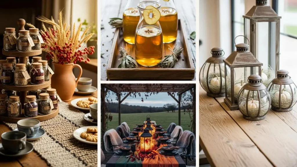 Rustikale Herbst-Tischdeko mit Trockenblumen, Naturmaterialien und Laternen für gemütliche Abende im Landhausstil.