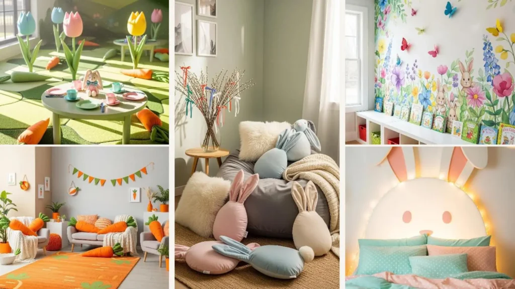 Süße Osterdeko-Ideen für Kinderzimmer mit Hasen-Kissen, Karotten-Teppich und frühlingshaften Wandbildern.