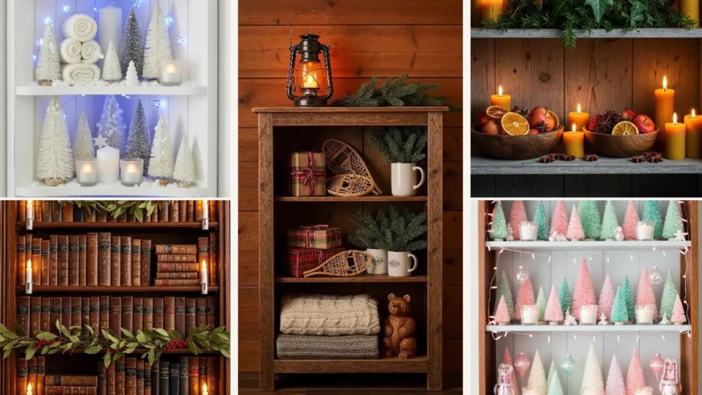 Collage mit Deko-Ideen für eine Vintage-Etagere aus Holz zu Weihnachten, mit Kerzen und nostalgischem Charme.