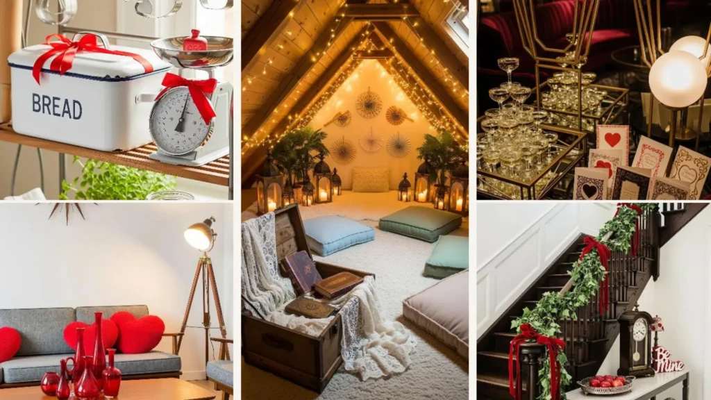 Vielfältige Vintage Valentinstag Dekoideen mit roten Akzenten, Kerzenschein & romantischer Atmosphäre für nostalgische Liebesstimmungen.