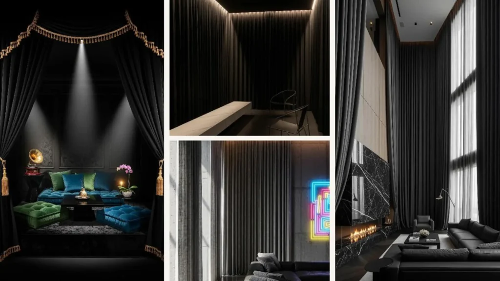 Wohnzimmer mit schweren, dunklen Vorhängen, die eine luxuriöse und gemütliche Hotelatmosphäre schaffen.