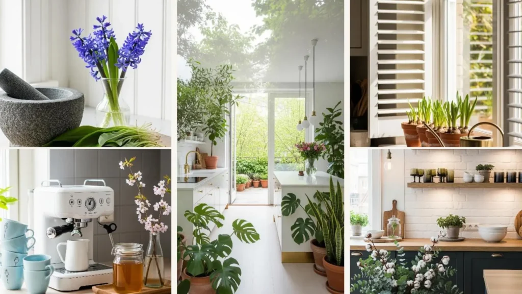 Helle, skandinavische Küche mit frühlingshaften Pflanzen und Dekoideen, viel Grün und natürlichem Licht für gemütliche Atmosphäre.