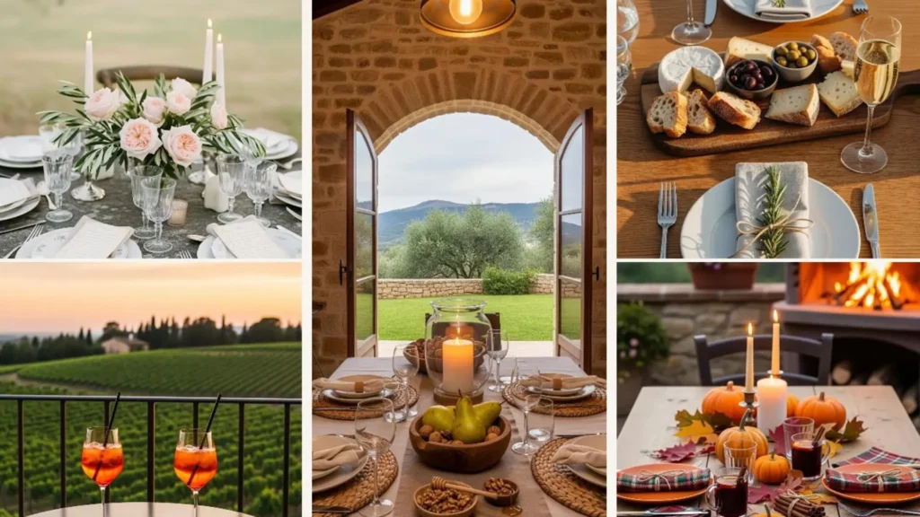 Zauberhafte italienische Tischdeko im Toskana-Landhausstil für gemütliche Liebesabende mit Kerzen und Blick ins Grüne.