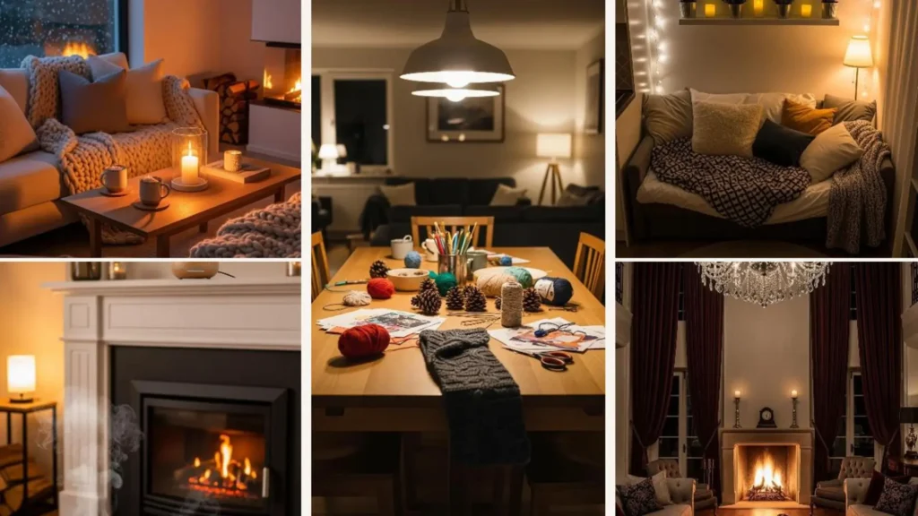 Gemütliches Wohnzimmer im Winter mit Kaminfeuer und Kerzenschein für eine entspannte Abendatmosphäre.