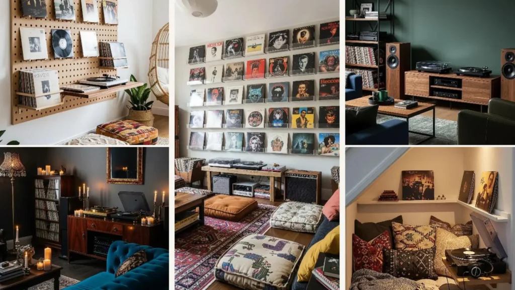 Entspannte Boho-Wohnzimmer für Musik-Liebhaber, eingerichtet mit Plattenspieler und vielen Vinyl-Schallplatten.