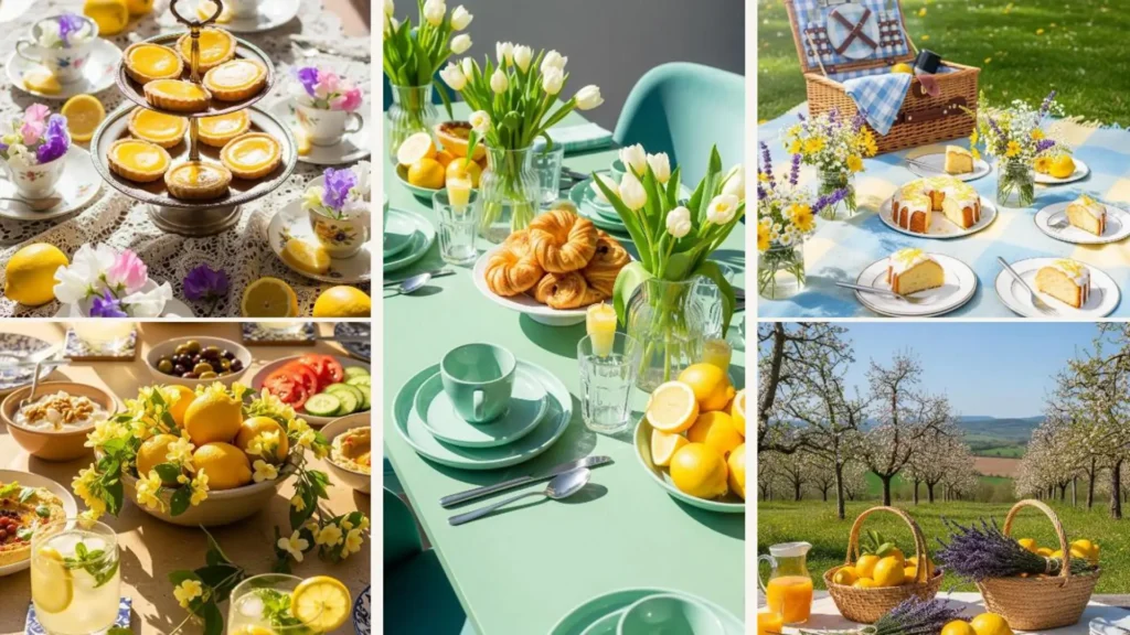 Frischer Frühlingstisch mit Zitronen, Blumen und pastellfarbenem Geschirr für einen sonnigen Brunch.