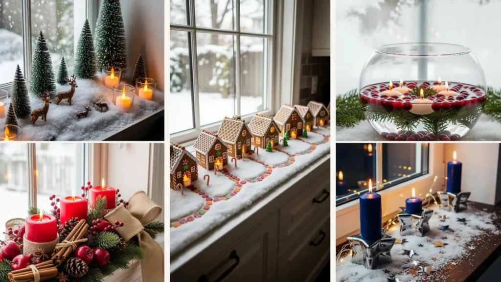 Gemütliche Fensterbank-Weihnachtsdeko mit leuchtenden Kerzen und winterlichem Schnee-Look.